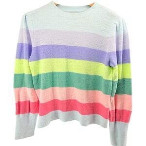 LOFT Womens Rainbow Striped Fuzzy Knit Puff Sleeve Sweater XL Multicolor